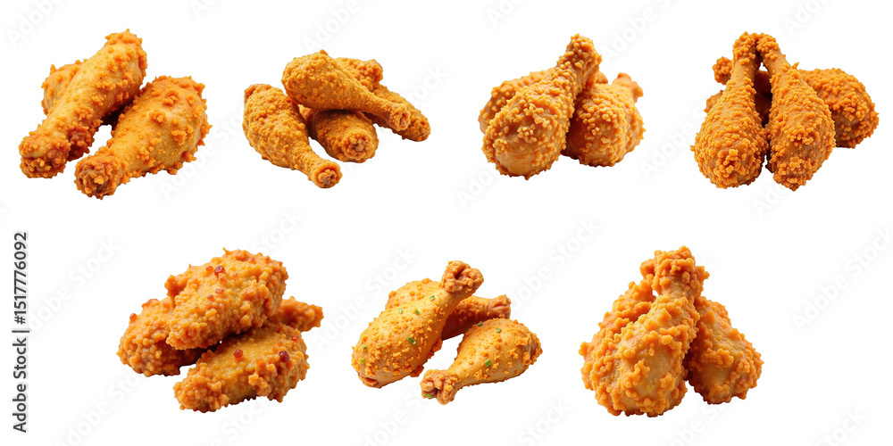 Poster crispy fried chicken pieces assorted in various arrangements isolated on transparent background with