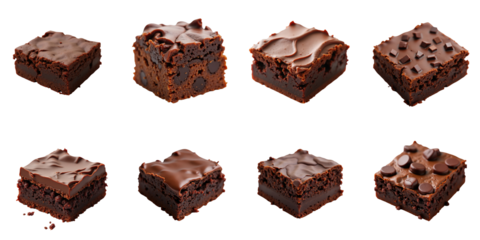 Various chocolate brownies arranged in a grid pattern, each with unique textures and toppings, isolated on a transparent background for visual appeal and presentation.