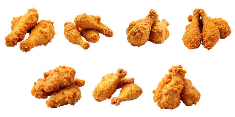 Naklejka premium crispy fried chicken pieces assorted in various arrangements isolated on transparent background with clear visibility of texture and details