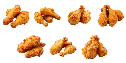 crispy fried chicken pieces assorted in various arrangements isolated on transparent background with clear visibility of texture and details