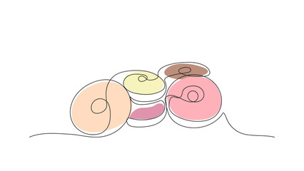 Continuous one line drawing of donut with colorful decors. Single line vector illustration. Isolated white background. Hand drawn symbol. Concept for cafe, bakery, restaurant. Modern vector illustrati