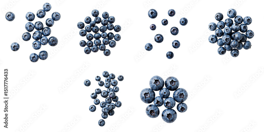 Poster fresh ripe blueberries arranged in various clusters on a transparent background with clear copy spac