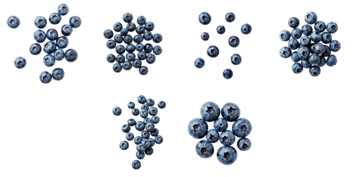 Fresh ripe blueberries arranged in various clusters on a transparent background with clear copy space for text. Top view of isolated fruits showcasing natural colors and textures.