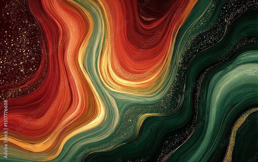 Poster abstract flowing lines of red, gold, and green with glitter, symbolizing luxury and fluidity for cre