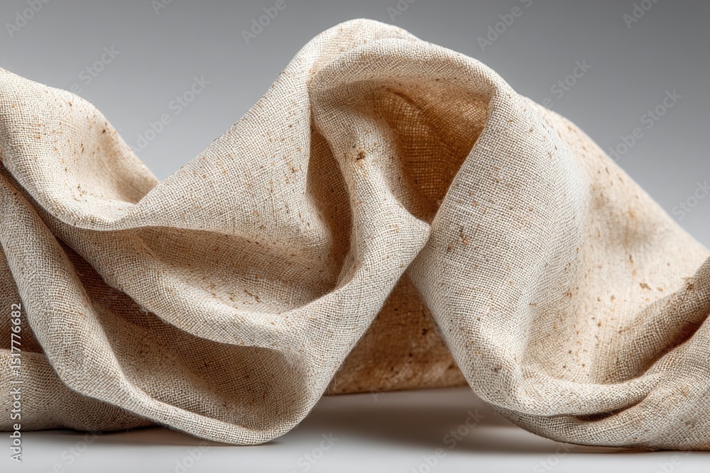 Poster beige linen fabric drape against neutral backdrop, showcasing textile design and sustainable materia