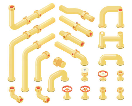 Collection of isometric yellow gas pipe components including valves and connectors, designed for industrial plumbing or factory system illustrations on white.