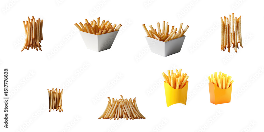 Poster various containers filled with golden crispy french fries arranged on a transparent background featu