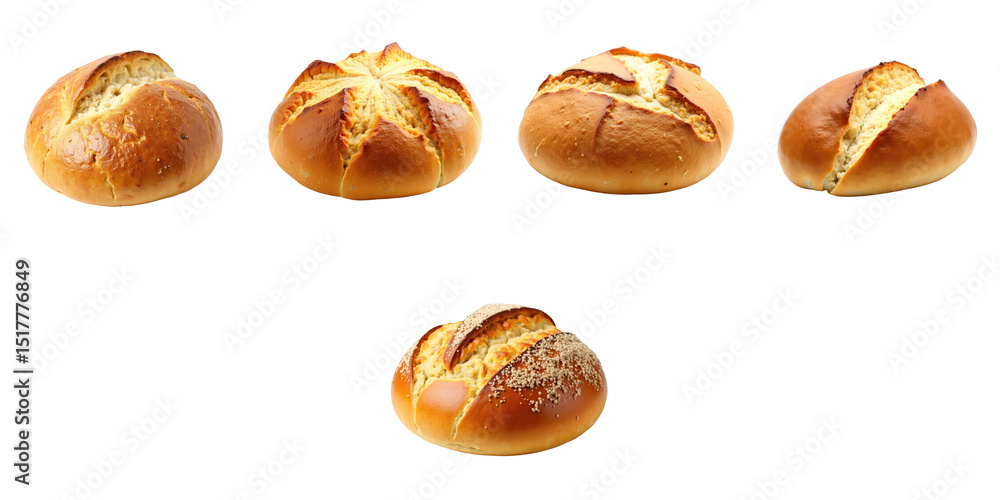 Poster freshly baked round loaves of crusty homemade bread arranged in a row on a transparent background sh