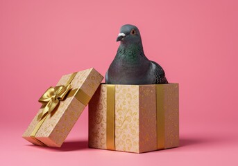 Surprise pigeon gift, a decorative box with ribbon, a pink background, studio shot © okayon