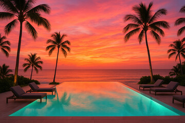 Sun setting over a palm tree-lined pool.
