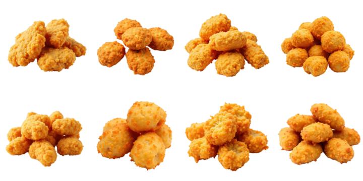 Crispy fried chicken nuggets arranged in various clusters isolated on transparent background showcasing different sizes and shapes of the nuggets - Powered by Adobe