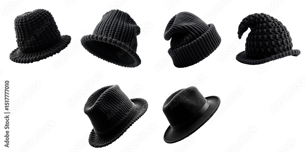 Poster variety of transparent knitted hats and fedoras displayed on a transparent background showcasing dif