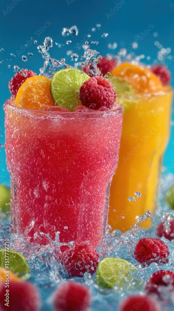 Poster refreshing fruit smoothie with raspberry and citrus garnish in splashing water, promoting healthy li