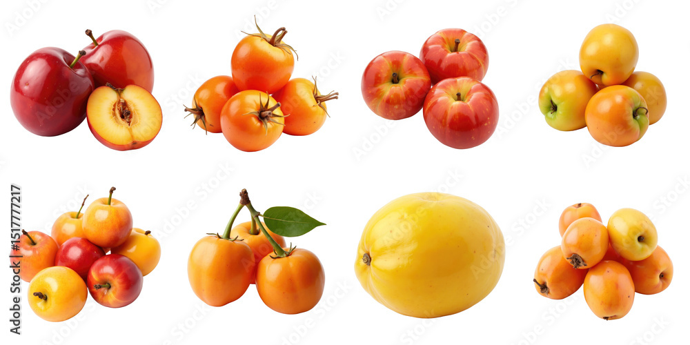 Poster assorted fresh loquat and plum fruits displayed on a transparent background featuring vibrant colors