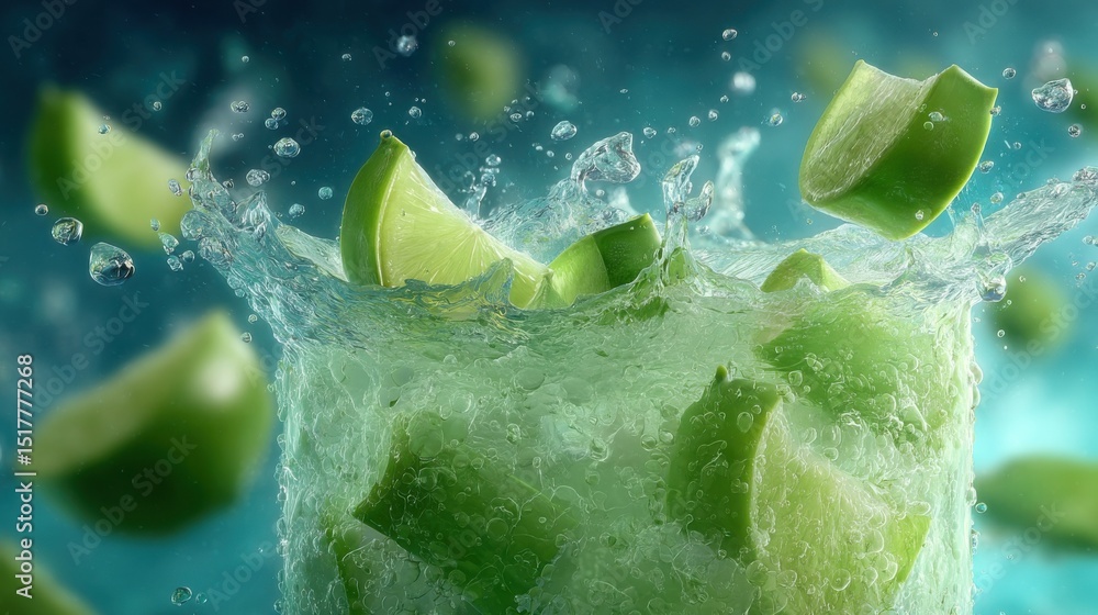 Poster lime slices splashing into a refreshing drink, evoking summer relaxation and beverage advertising : 