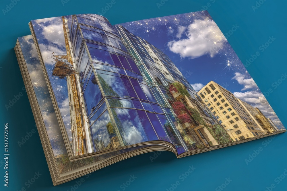 Poster open book displaying modern buildings under construction with sky reflections, representing urban de