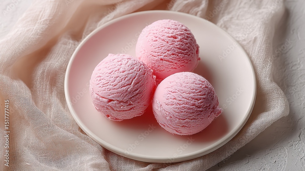 Poster three scoops of pink ice cream on a white plate, representing indulgence and summer treats for food 