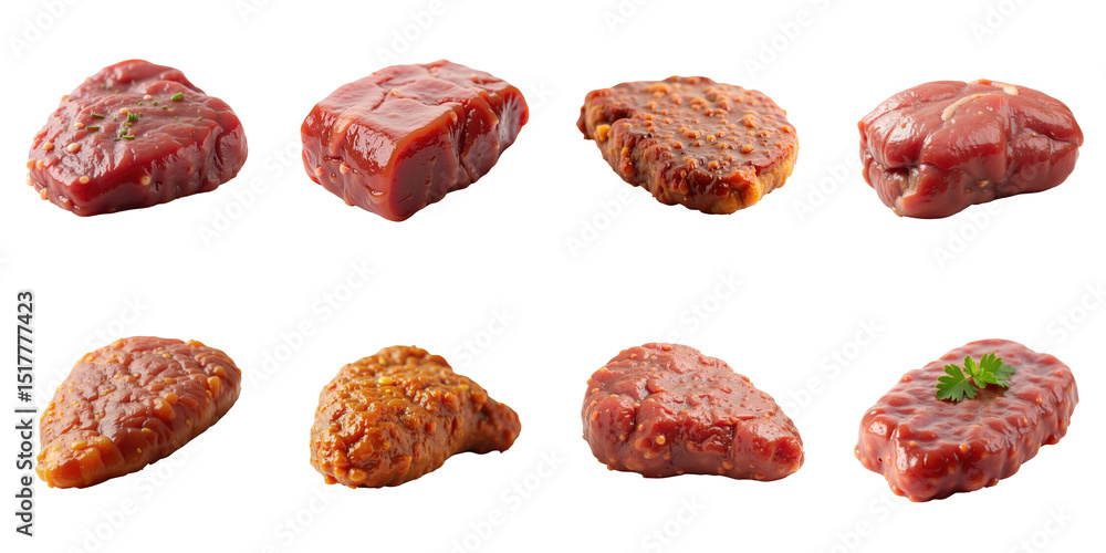 Poster various pieces of fried liver presented in different shapes and sizes isolated on transparent backgr