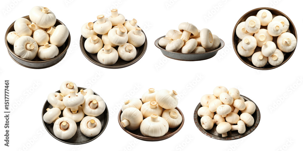 Aufkleber various arrangements of fresh champignon mushrooms in multiple bowls and trays isolated on a transpa