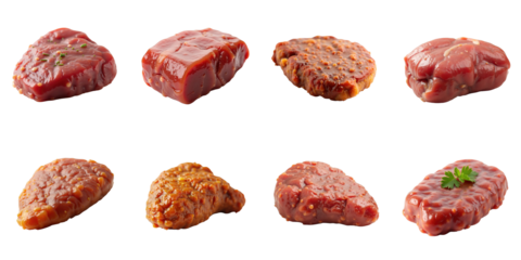 various pieces of fried liver presented in different shapes and sizes isolated on transparent background arranged in a grid pattern showcasing texture and color variations
