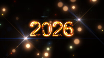 Happy New Year 2026. Festival Celebration. Shiny bright golden particles and flares on a dark background.
