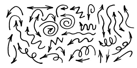 Hand drawn marker arrows symbols set. Doodle brush line grunge scribbles arrow pointers hand drawn vector illustration. Felt pen marker symbols collection.