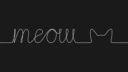 The word meow and the outline of the cat's head are drawn with one continuous white line on a black background. Vector seamless illustration. Concept of pets, vet clinics and stores.