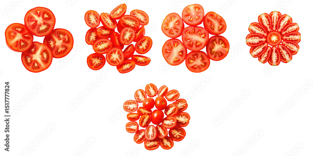 Poster flat lay arrangement of various sliced tomatoes on a transparent background showcasing different siz