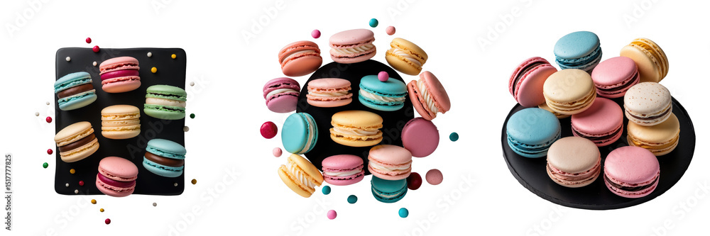 Poster assorted colorful macarons displayed on transparent background, featuring various flavors and textur