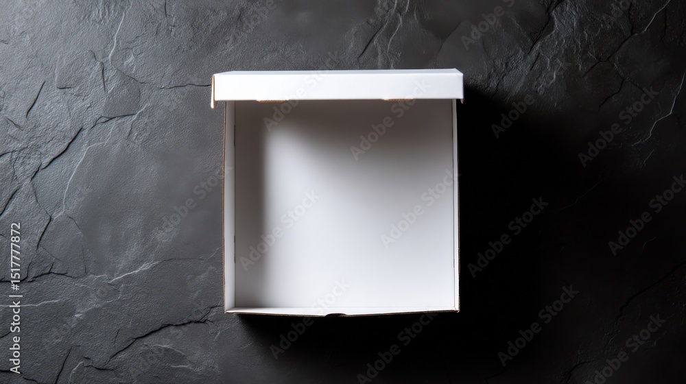 Poster empty white cardboard box on dark textured background, representing packaging solutions and unboxing