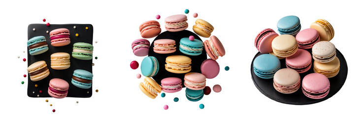 Assorted colorful macarons displayed on transparent background, featuring various flavors and textures, arranged on plates with decorative elements for visual appeal.