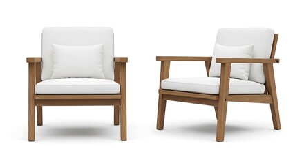 Two light beige wooden armchairs with white cushions