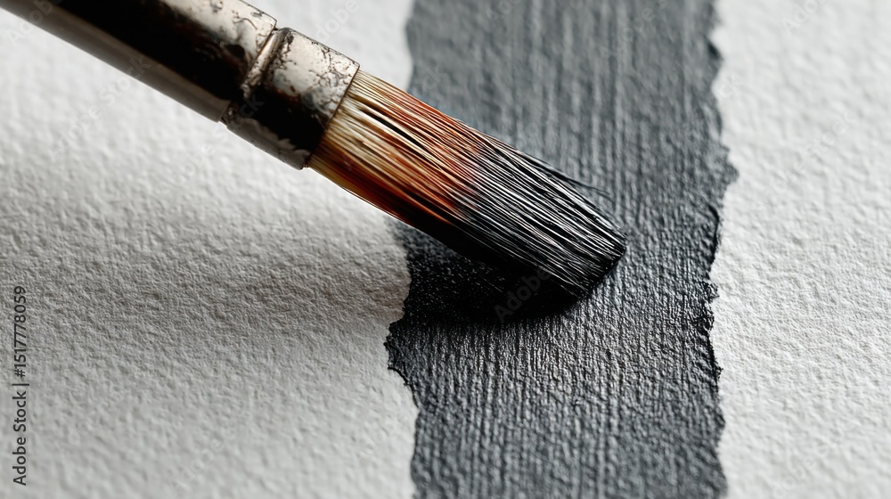 Aufkleber paintbrush applying black paint on textured paper, symbolizing artistic expression and creative proc