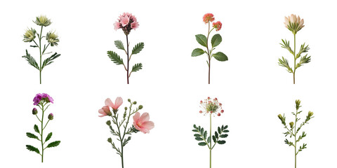 variety of isolated flowering plants displayed on a transparent background including cineraria, daisies, and other blossoms with detailed foliage and petal structures