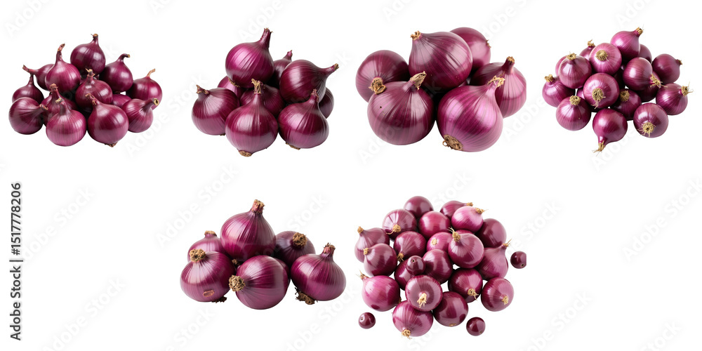 Poster fresh purple onions assortment isolated on transparent background detailed closeup of various sizes 