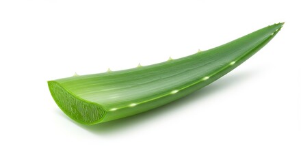 Close-up shot of a fresh bright green aloe vera slice, isolated on white background