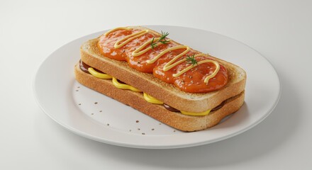 Artisanal sandwich delight, a culinary invention on a white plate background