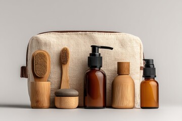 Eco-Friendly Travel Kit With Bamboo Brushes and Amber Bottles, Showcasing Sustainable Lifestyle and Conscious Consumerism : Generative AI