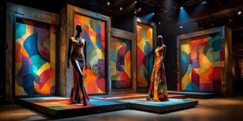 Mannequins in colorful designer dresses displayed against abstract multicolored art panels in fashion exhibition 