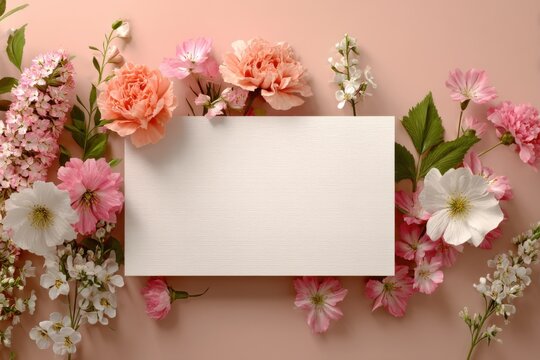 Floral Frame With Blank White Card on Pink Background, Ideal for Wedding Invitations and Seasonal Greetings, Showcasing Beauty and Celebration : Generative AI
