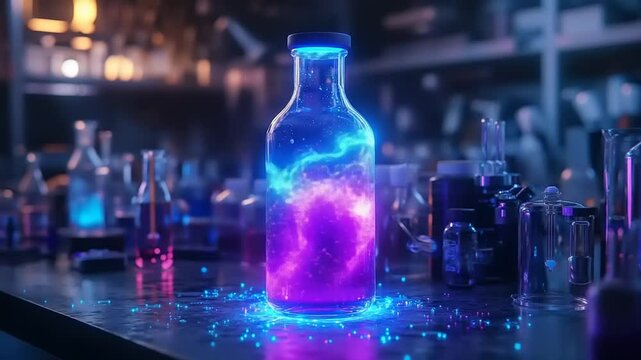 A glowing potion bottle emits vibrant colors in a dimly lit laboratory filled with glassware
