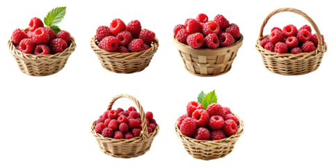 variety of fresh ripe raspberries displayed in wicker baskets with green leaves isolated on transparent background highlighting organic fruits and healthy food options