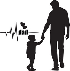 father and child silhouette with heartbeat line and "dad" text, symbolizing love, connection and family bond