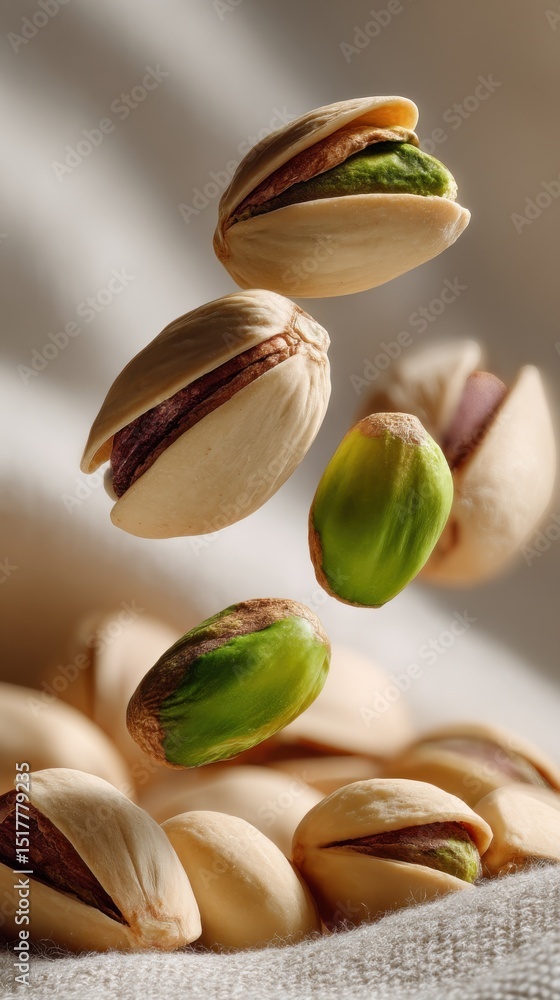 Poster floating pistachios on textured fabric, showcasing healthy snacking and culinary ingredient versatil