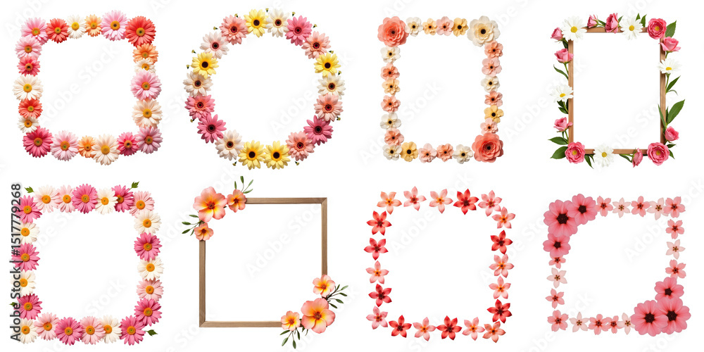 Aufkleber floral frame collection featuring nine distinct flower arrangements in various colors and shapes iso