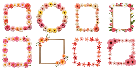 Floral frame collection featuring nine distinct flower arrangements in various colors and shapes isolated on transparent background for creative design use