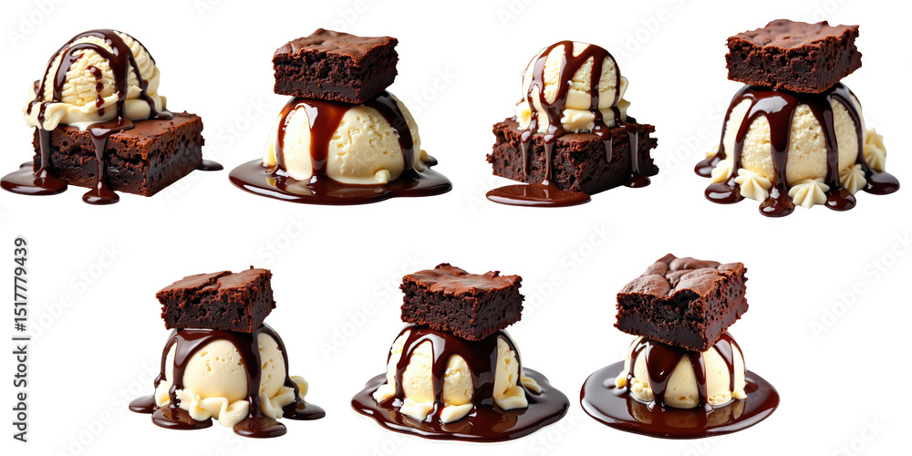 Poster chocolate brownies topped with vanilla ice cream and drizzled with chocolate syrup displayed on a tr