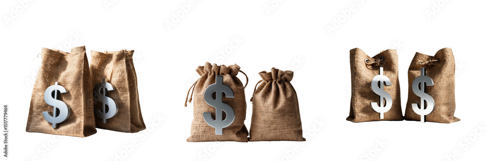 Poster burlap bags with dollar signs displayed on transparent background arranged in pairs highlighting the