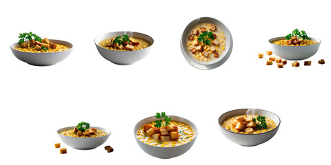 Corn soup garnished with croutons and parsley served in various white bowls on a transparent background emphasizing the soup's creamy texture and vibrant color.