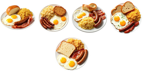 Five plates of classic American breakfast featuring eggs, fried rice, sausage, bacon, and bread isolated on a transparent background with an emphasis on close-up details and textures.